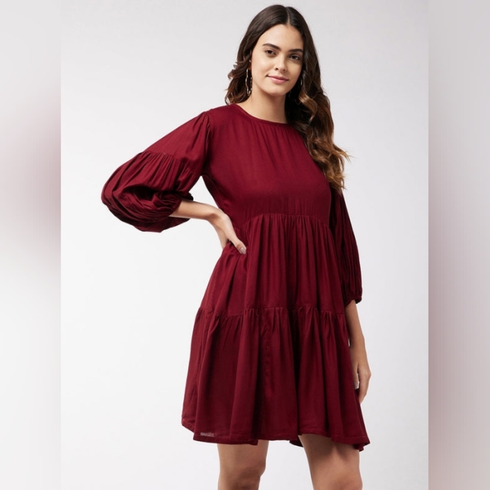 Target Burgandy Puff Sleeve Tiered Babydoll Mini Dress Large
